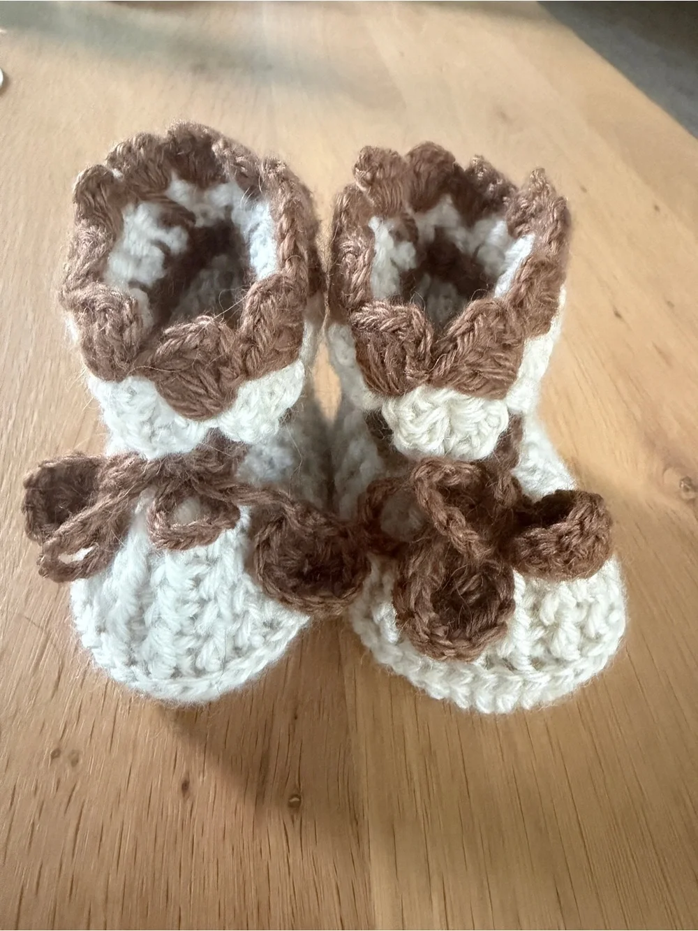 Peruvian Hand-Knitted Baby Booties in White and Brown
